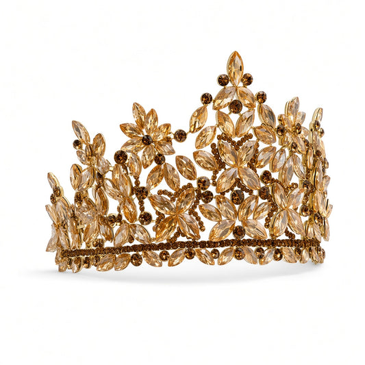 Champagne gold Quinceañera tiara leaf cluster crown side angle studio product photo