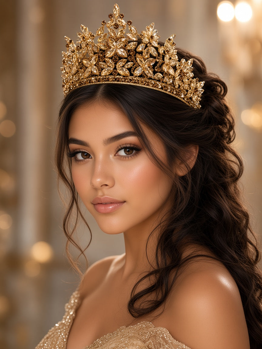Champagne gold Quinceañera tiara leaf cluster crown young woman wearing this Quinceañera tiara for quince styling