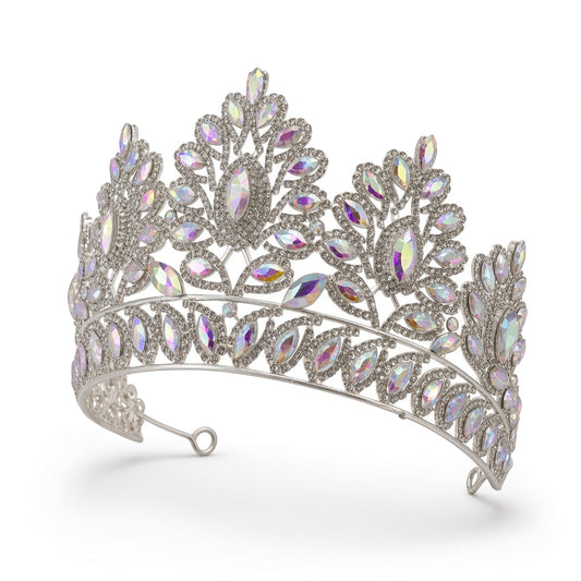 Clear AB Quinceañera tiara silver loop ends side angle studio product photo