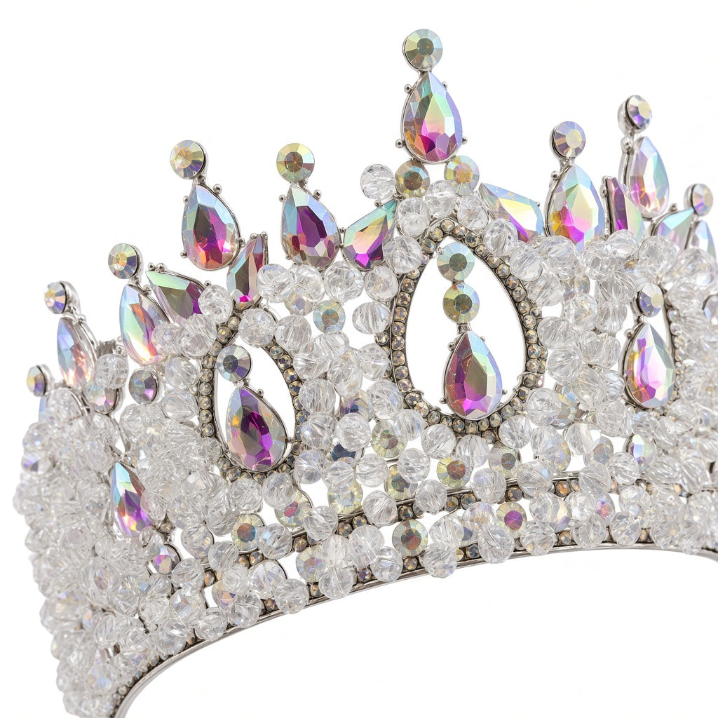 Clear pearl AB Quinceañera corona silver teardrop arches close-up detail of stones and craftsmanship