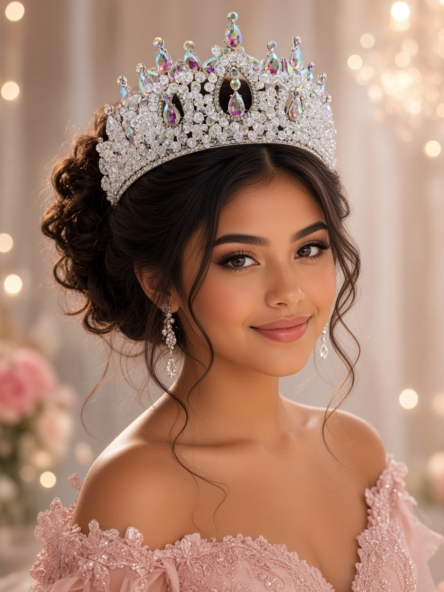 Clear pearl AB Quinceañera corona silver teardrop arches young woman wearing this Quinceañera tiara for quince styling