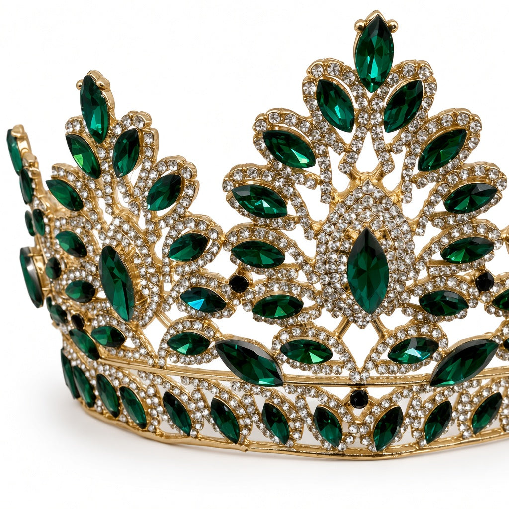 Emerald green Quinceañera corona gold leaf top close-up detail of stones and craftsmanship