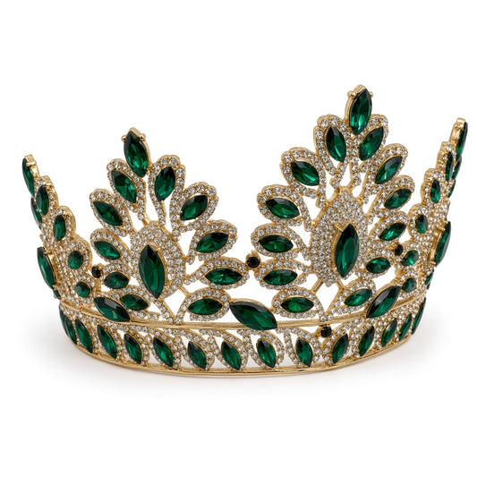 Emerald green Quinceañera corona gold leaf top side angle studio product photo