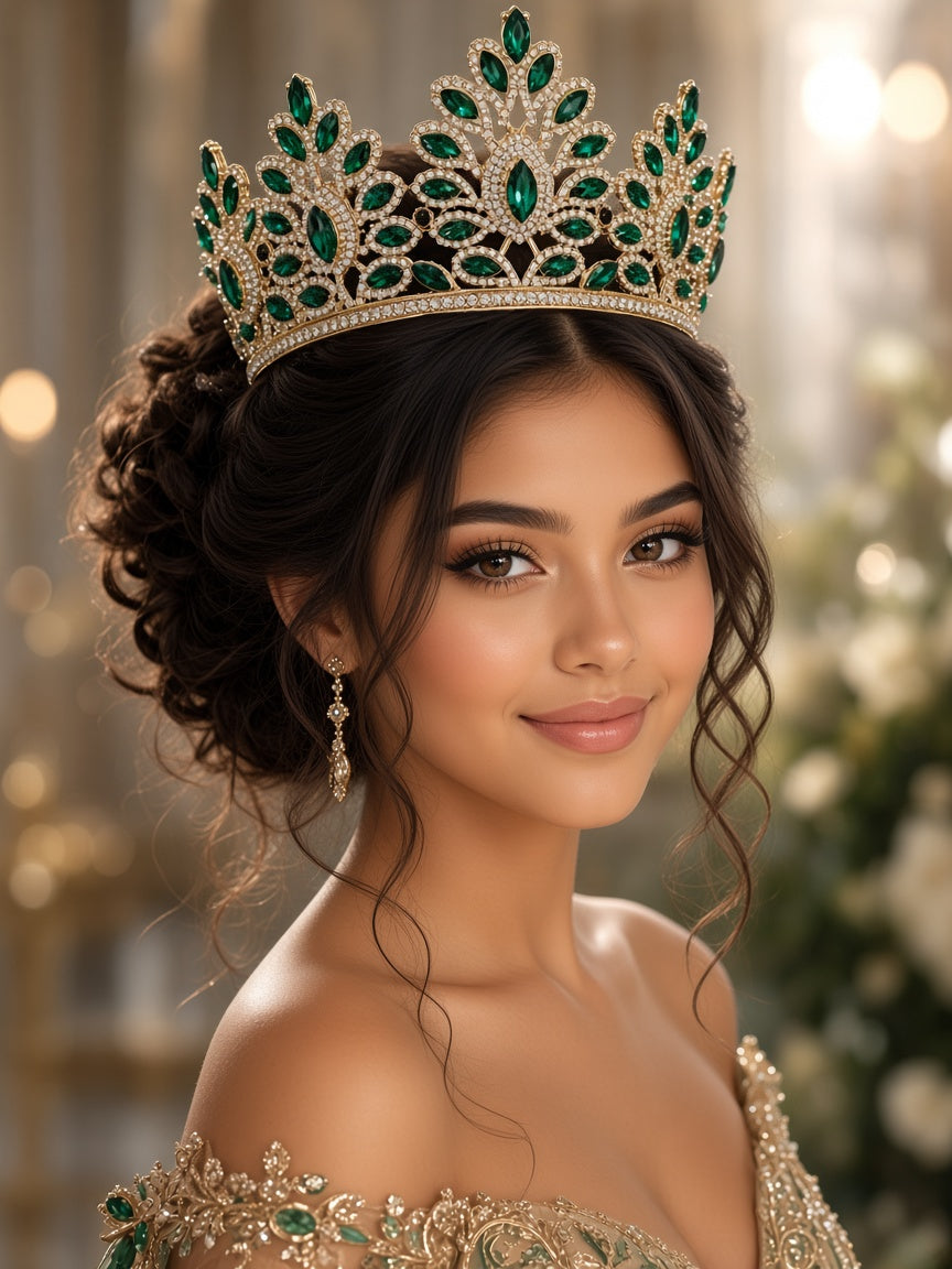 Emerald green Quinceañera corona gold leaf top young woman wearing this Quinceañera tiara for quince styling