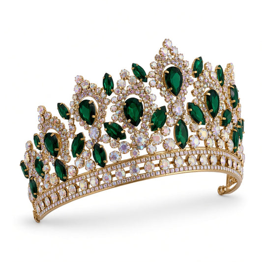 Emerald green Quinceañera tiara crown gold frame with AB stones side angle studio photo