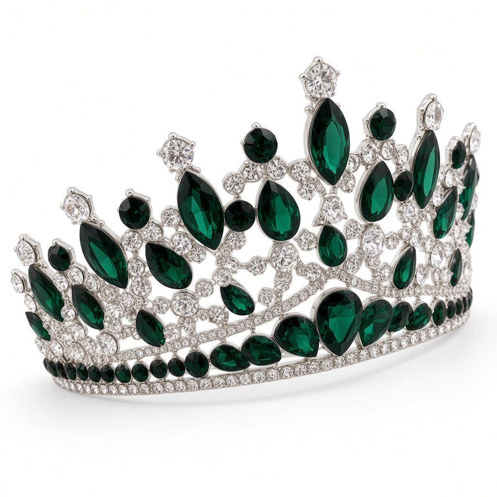 Emerald green Quinceañera tiara silver wide band close-up detail of stones and craftsmanship