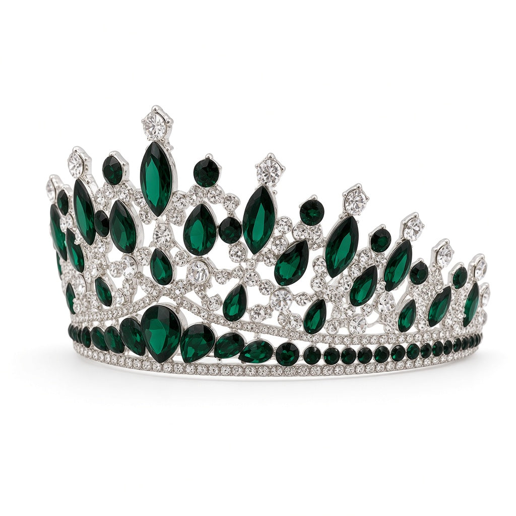Emerald green Quinceañera tiara silver wide band side angle studio product photo