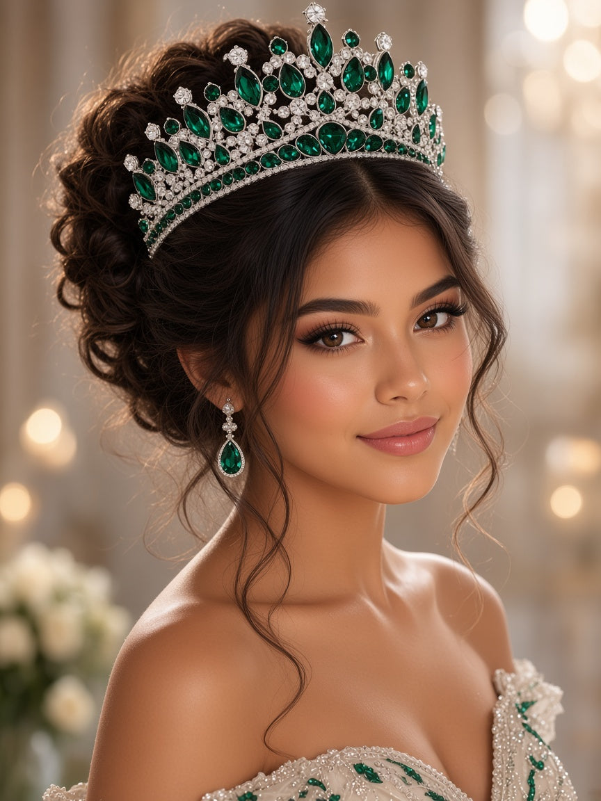 Emerald green Quinceañera tiara silver wide band young woman wearing this Quinceañera tiara for quince styling