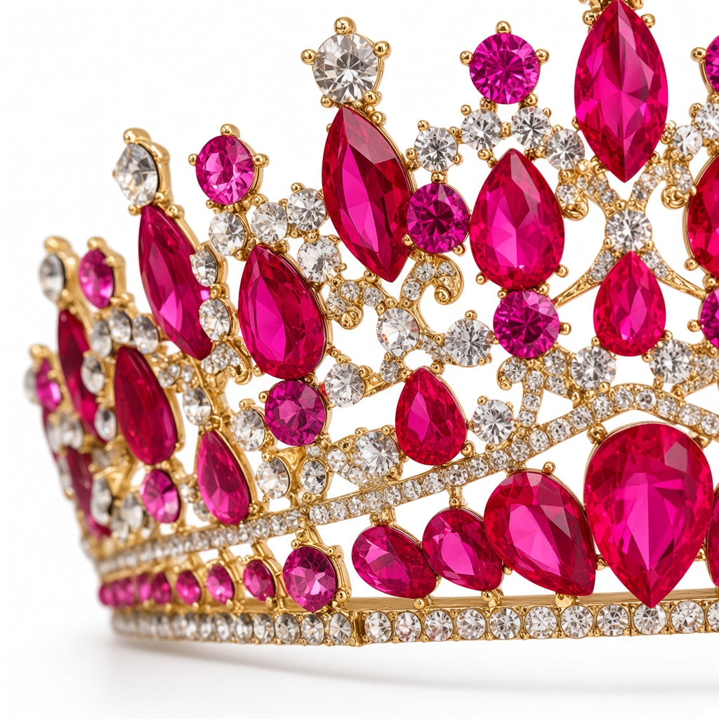 Fuchsia hot pink Quinceañera tiara crown gold close-up detail of stones and craftsmanship