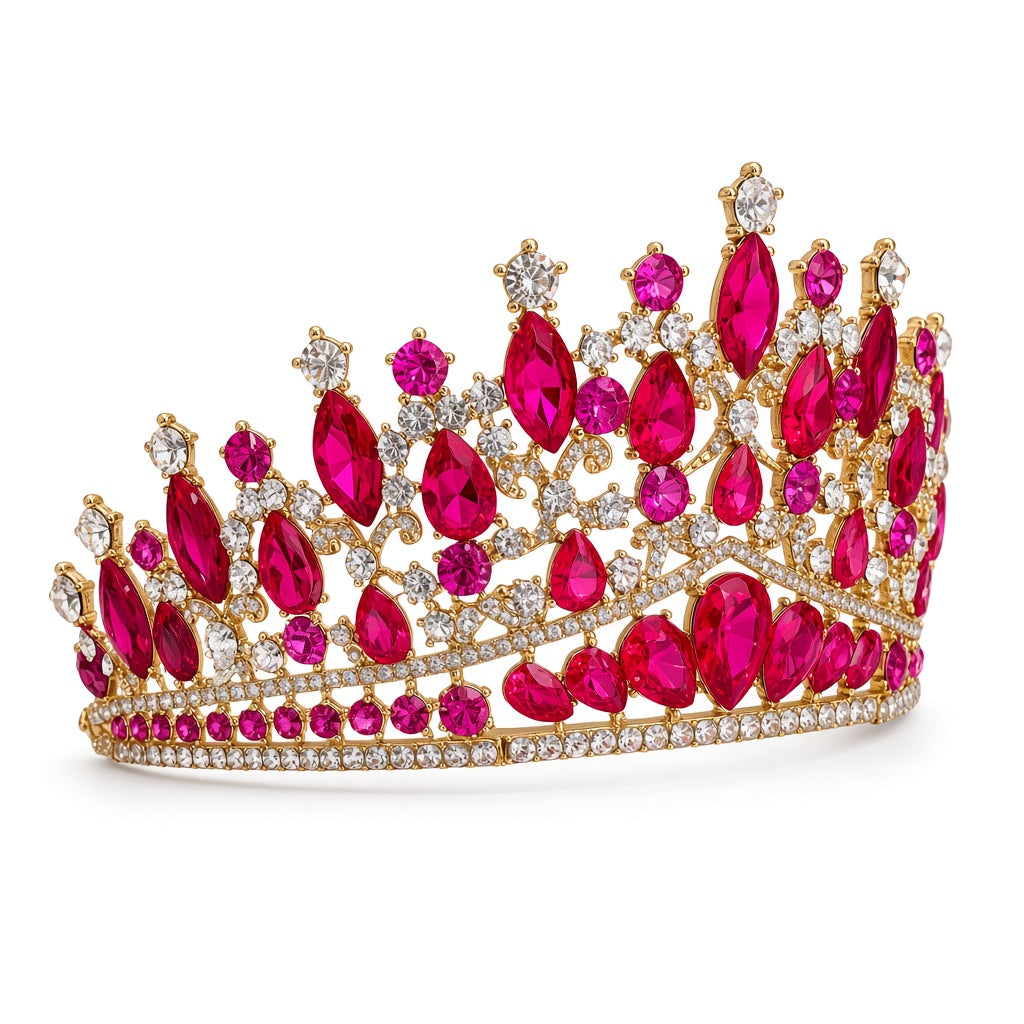 Fuchsia hot pink Quinceañera tiara crown gold side angle studio product photo