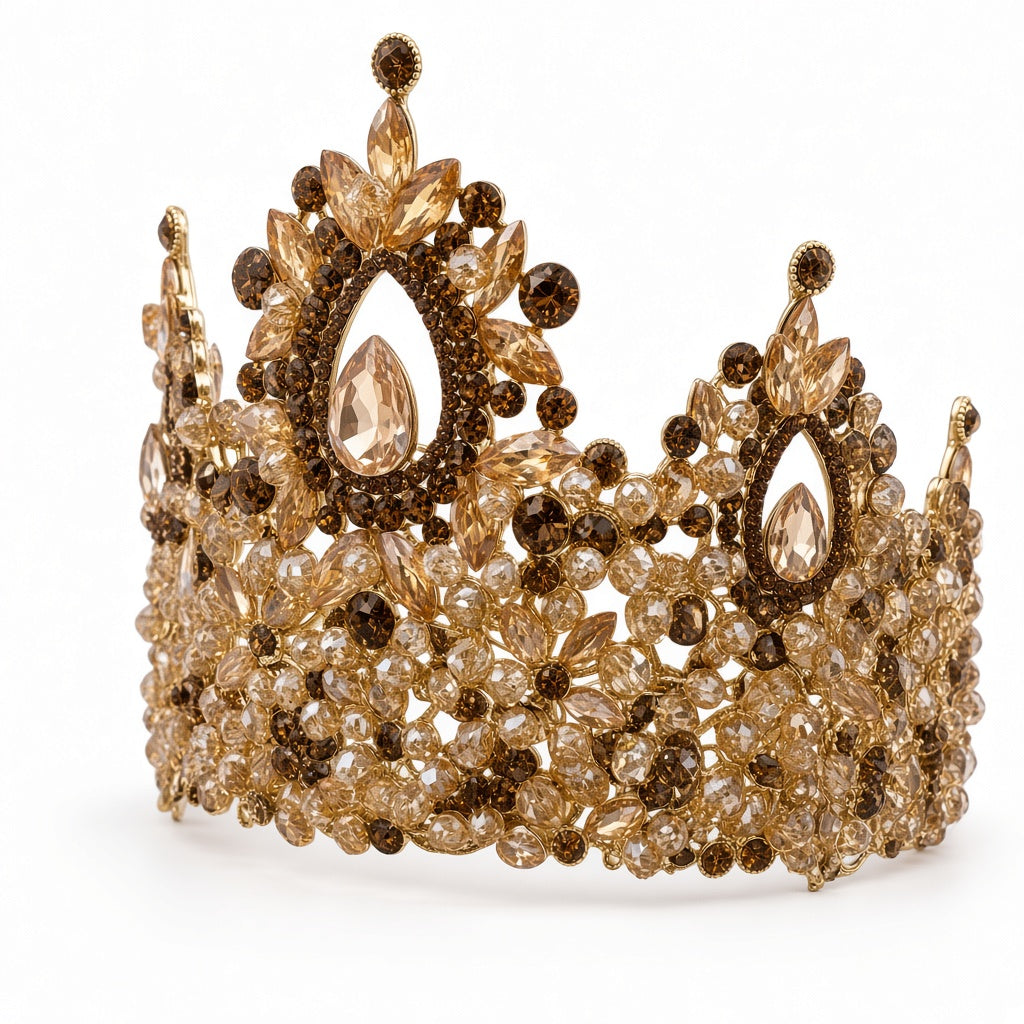 Gold topaz Quinceañera crown tall full center teardrop close-up detail of stones and craftsmanship