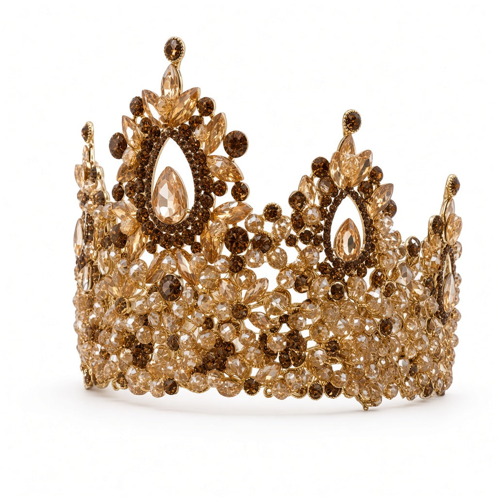 Gold topaz Quinceañera crown tall full center teardrop side angle studio product photo