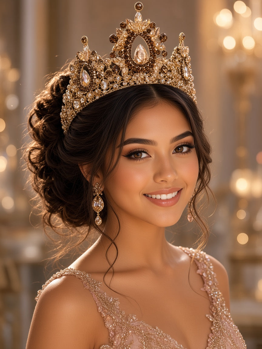 Gold topaz Quinceañera crown tall full center teardrop young woman wearing this Quinceañera tiara for quince styling