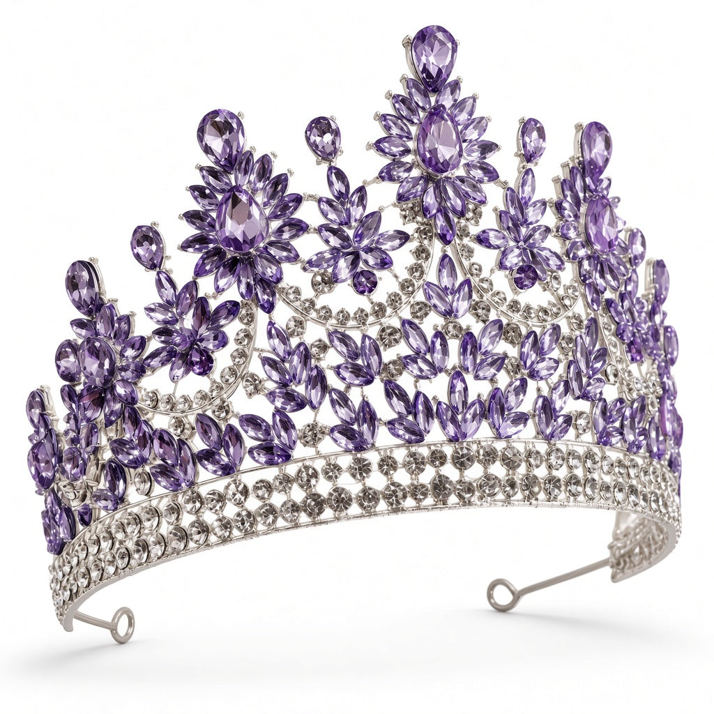 Lavender Quinceañera tiara silver with loop ends close-up detail of stones and craftsmanship