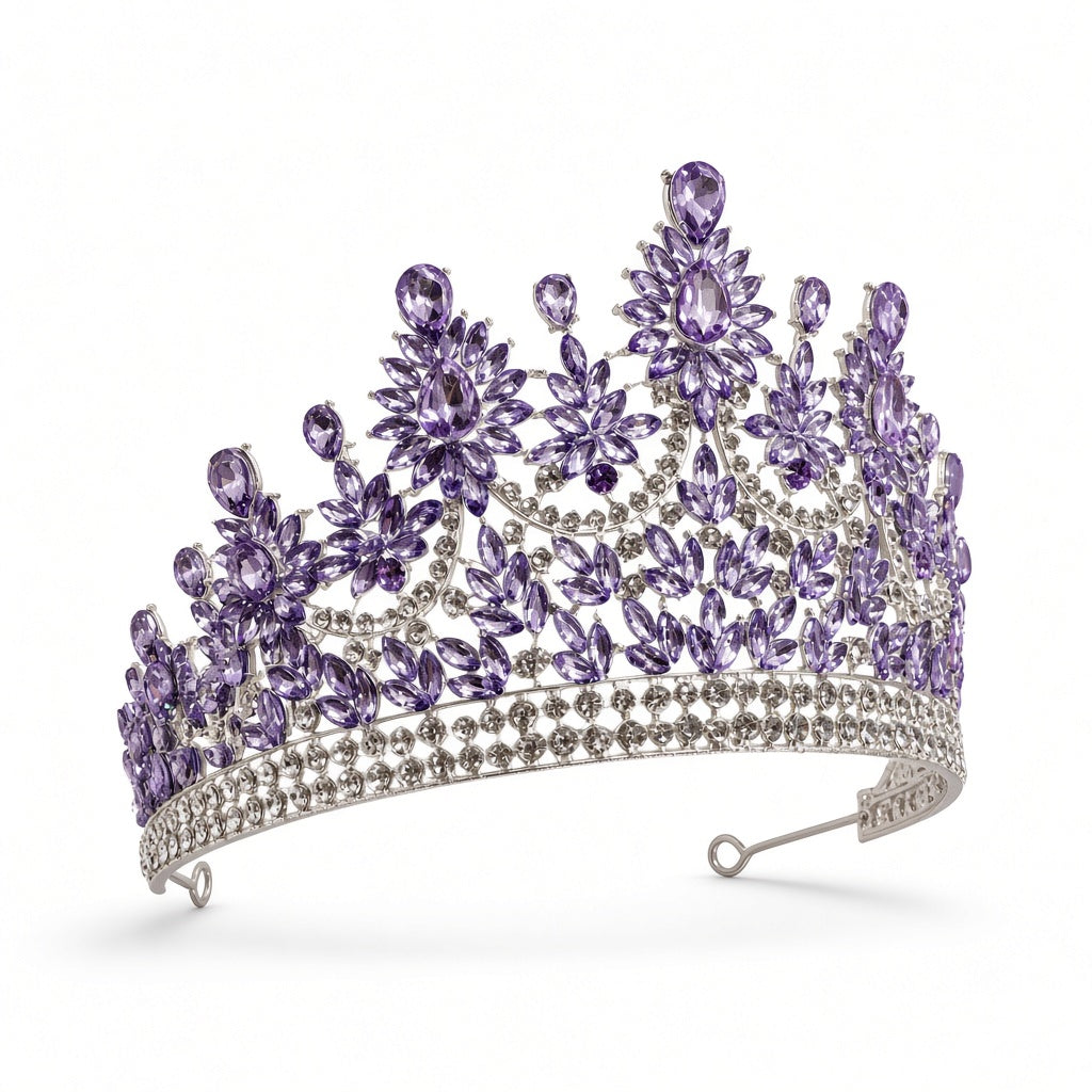 Lavender Quinceañera tiara silver with loop ends side angle studio product photo