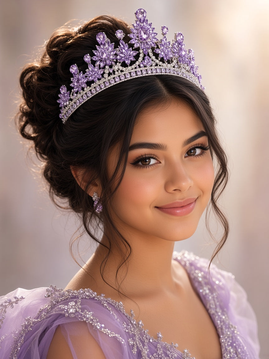 Lavender Quinceañera tiara silver with loop ends young woman wearing this Quinceañera tiara for quince styling