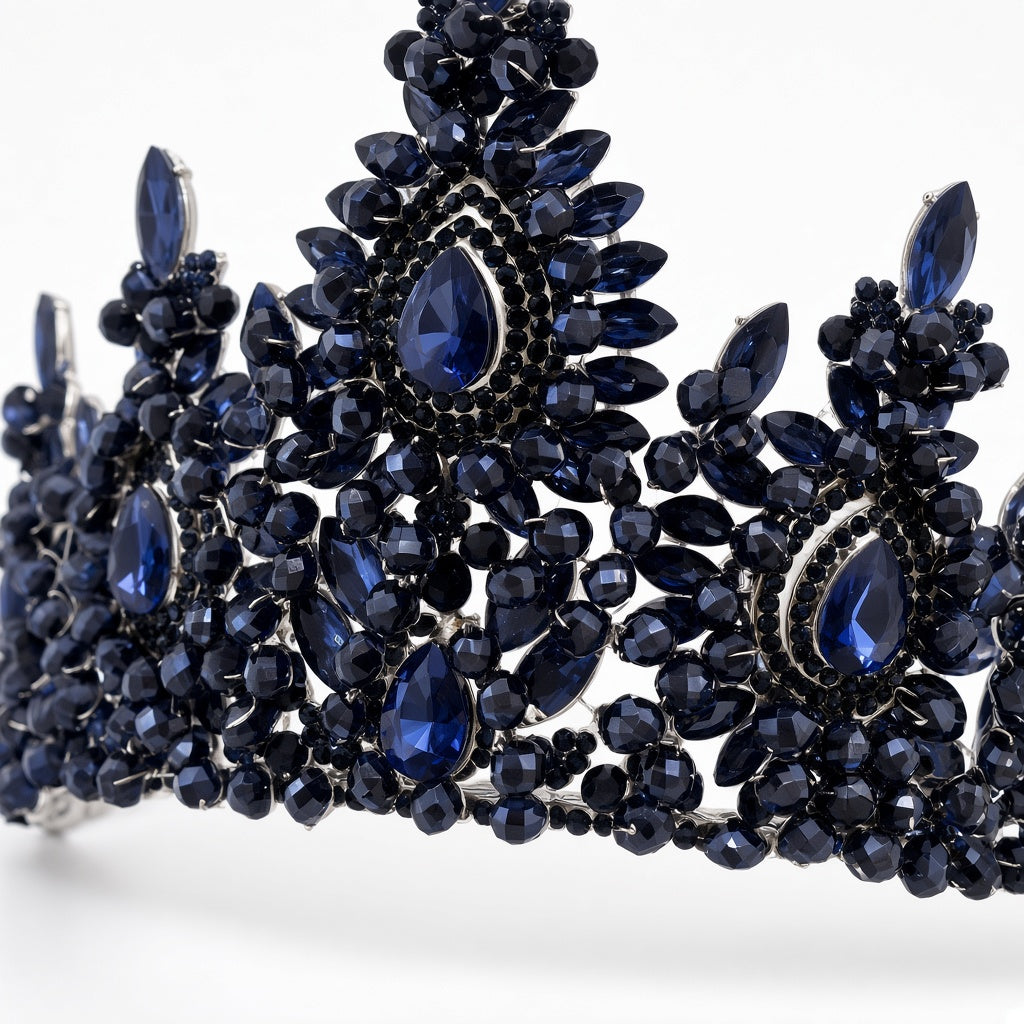 Midnight navy Quinceañera tiara black frame close-up detail of stones and craftsmanship