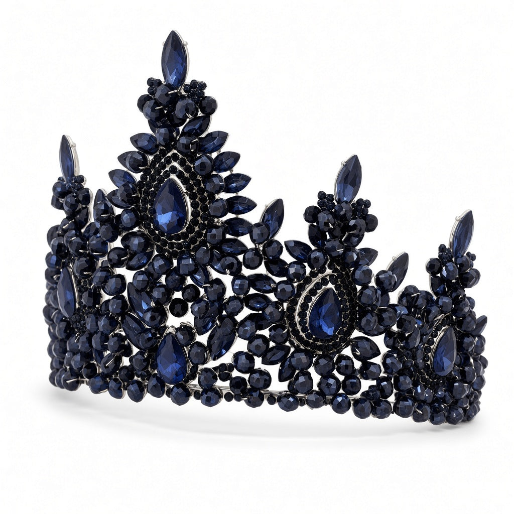 Midnight navy Quinceañera tiara black frame side angle studio product photo