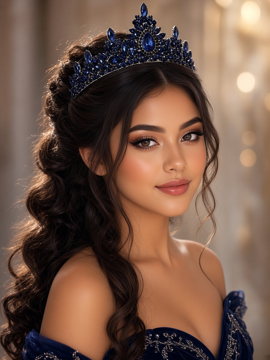 Midnight navy Quinceañera tiara black frame young woman wearing this Quinceañera tiara for quince styling