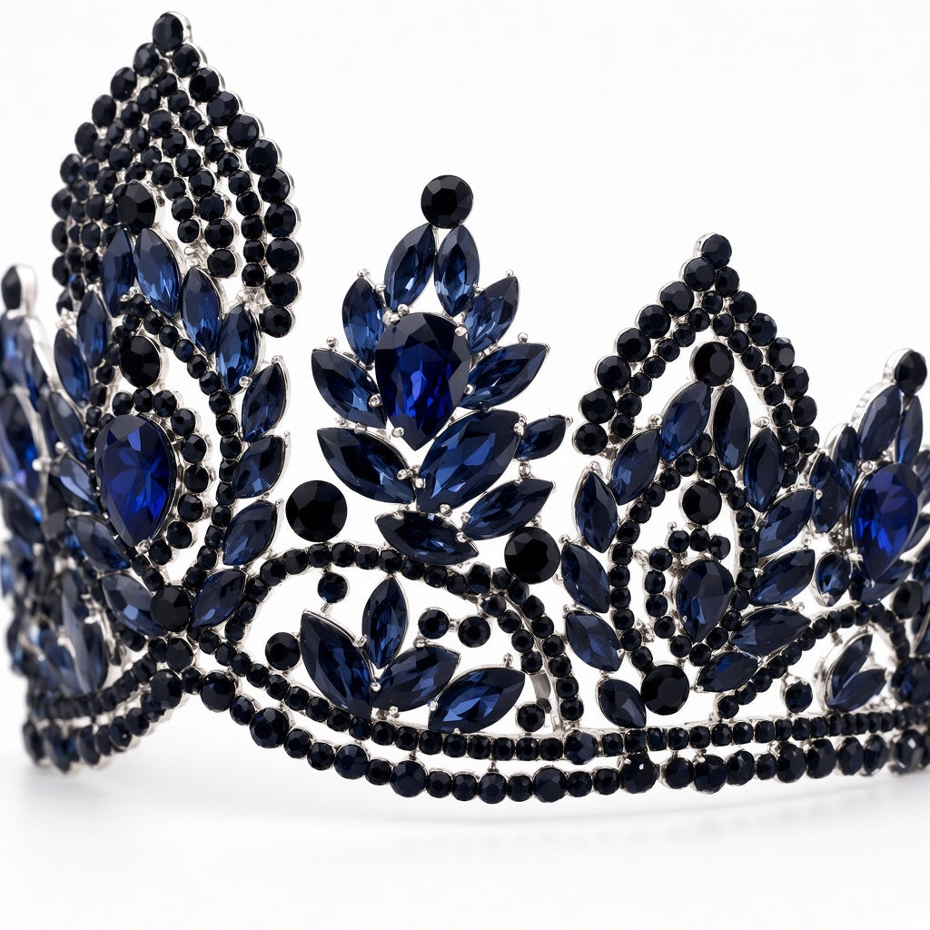 Navy black Quinceañera tiara open filigree close-up detail of stones and craftsmanship