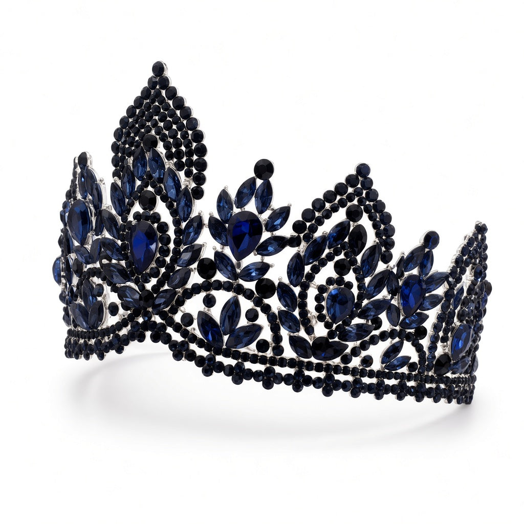 Navy black Quinceañera tiara open filigree side angle studio product photo