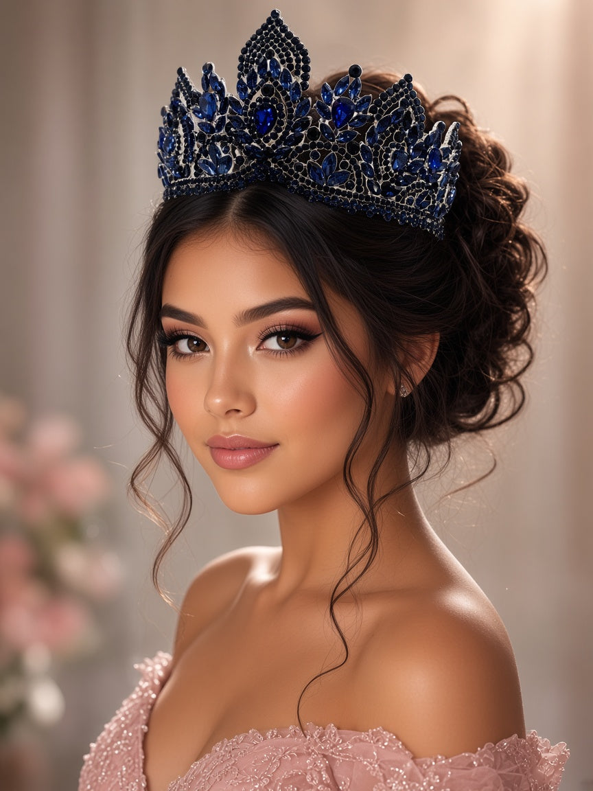 Navy black Quinceañera tiara open filigree young woman wearing this Quinceañera tiara for quince styling