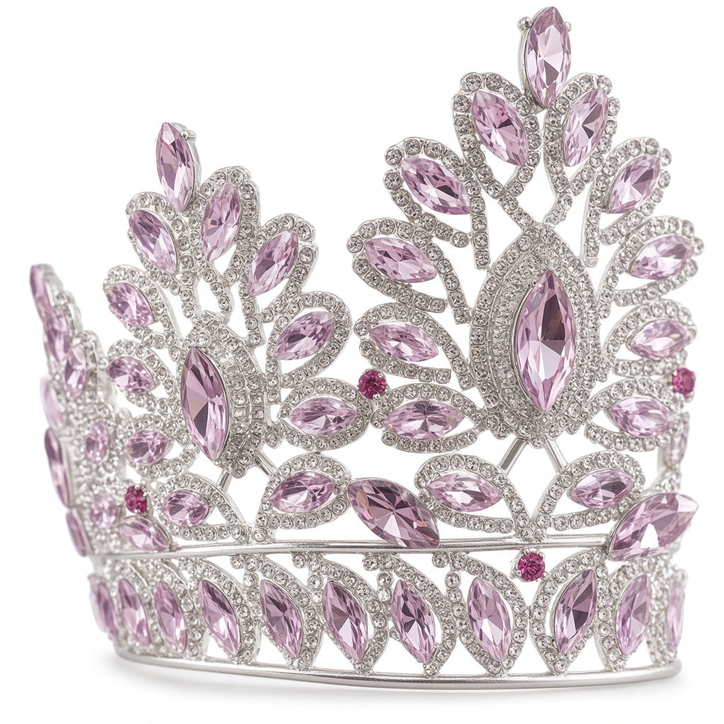 Pale pink clear Quinceañera tiara silver close-up detail of stones and craftsmanship
