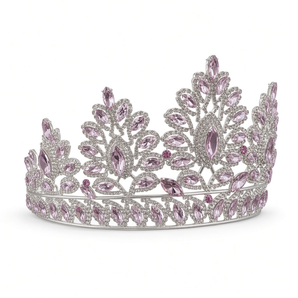 Pale pink clear Quinceañera tiara silver side angle studio product photo