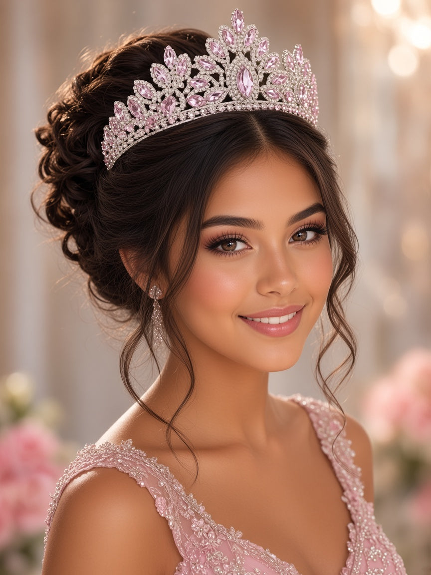 Pale pink clear Quinceañera tiara silver young woman wearing this Quinceañera tiara for quince styling