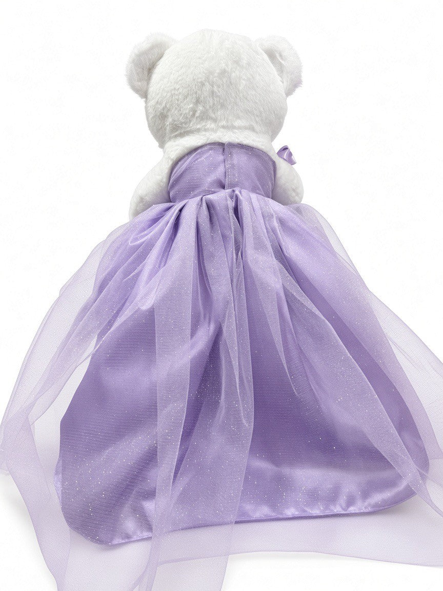 Lavender quinceañera teddy bear back view of the satin and glitter tulle gown