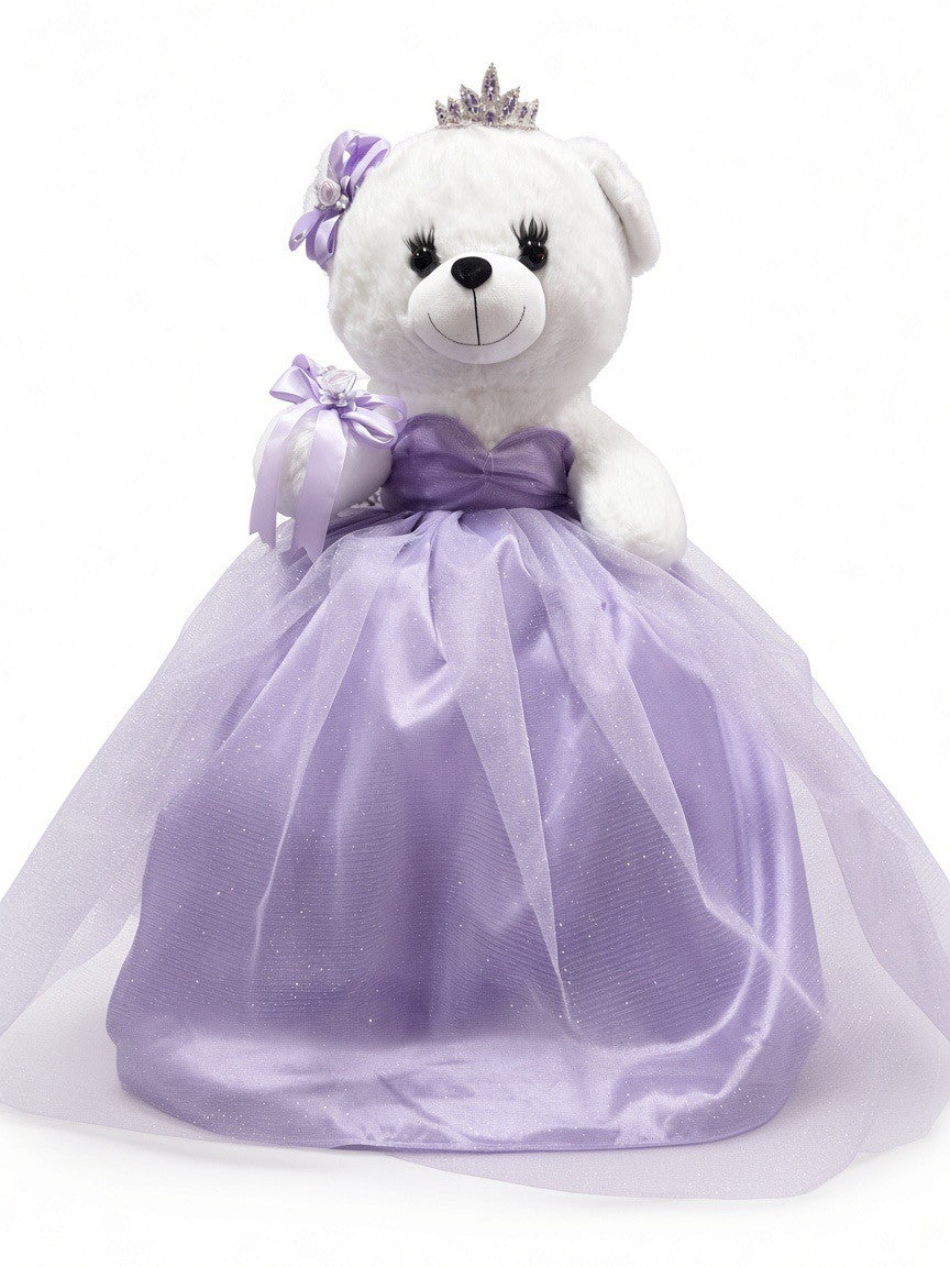 Lavender quinceañera teddy bear front view – white plush bear with crystal tiara, satin pillow and lavender gown
