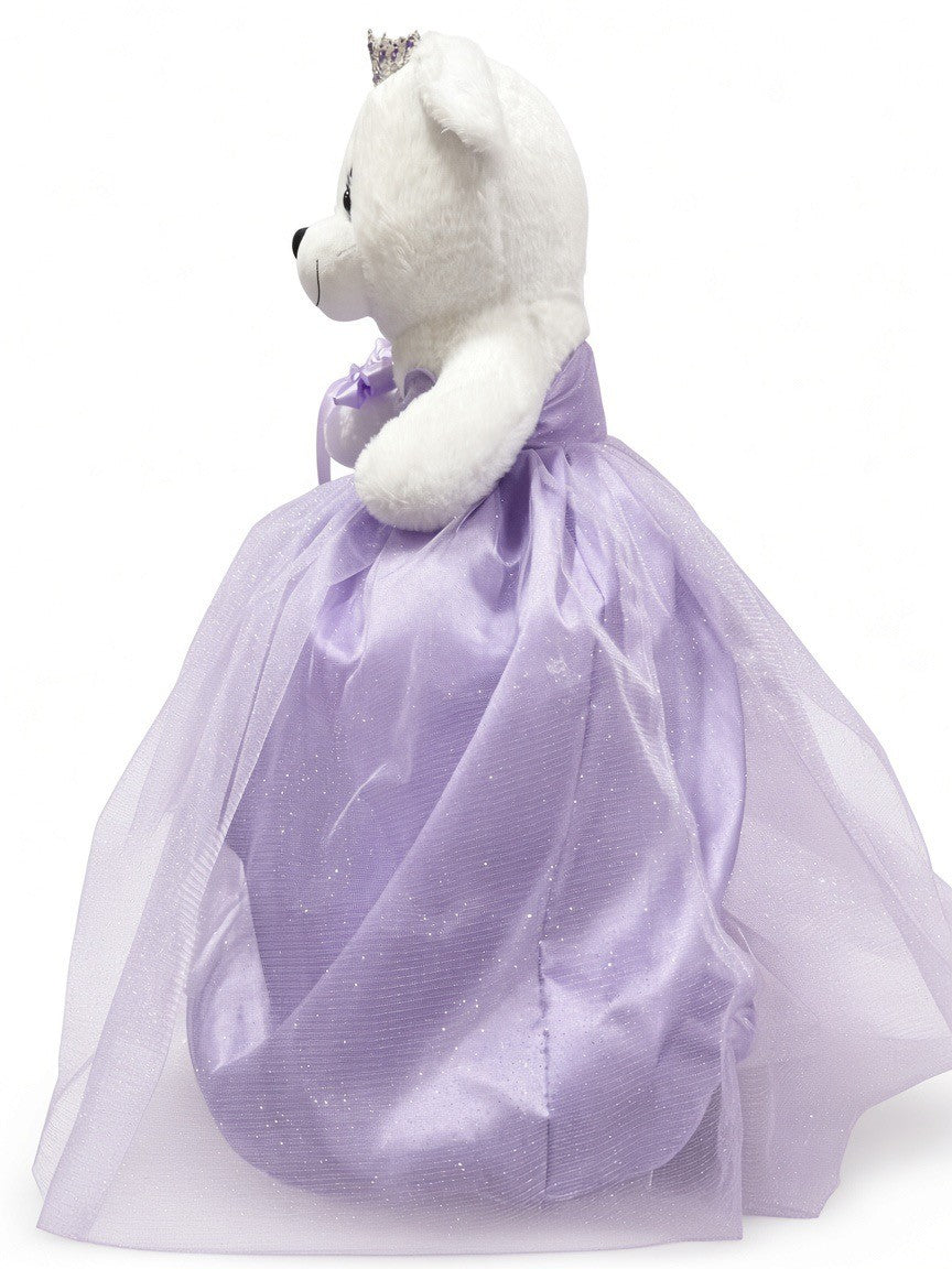 Lavender quinceañera teddy bear side view with satin bow and flower on ear