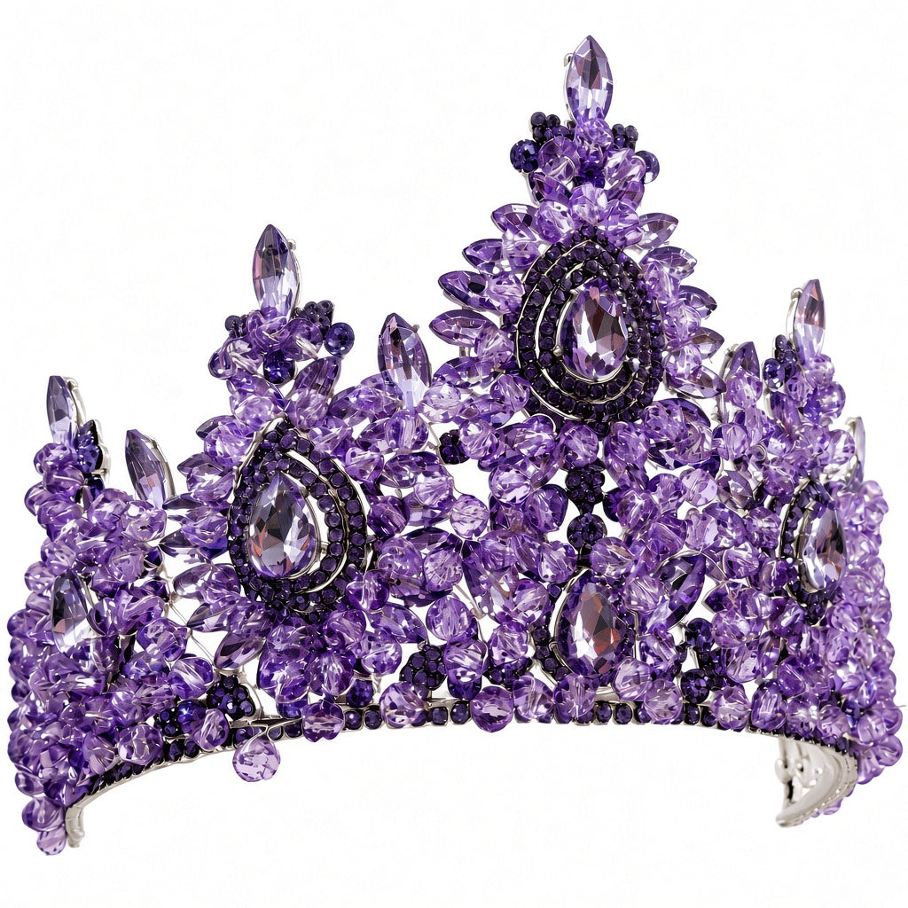 Purple Quinceañera crown tall with teardrop stones close-up detail of stones and craftsmanship