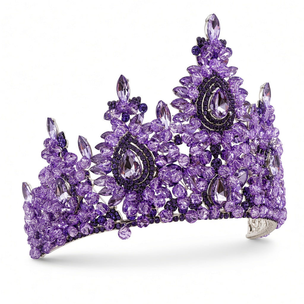 Purple Quinceañera crown tall with teardrop stones side angle studio product photo