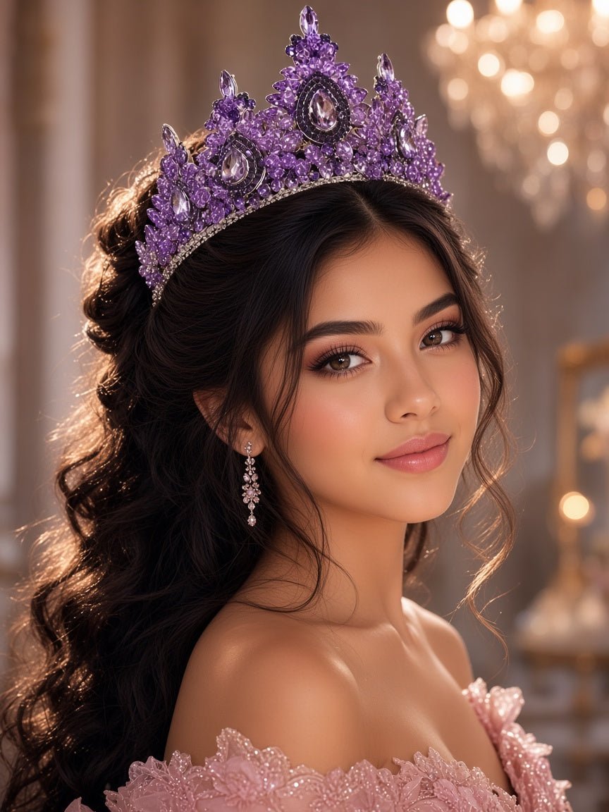 Purple Quinceañera crown tall with teardrop stones young woman wearing this Quinceañera tiara for quince styling