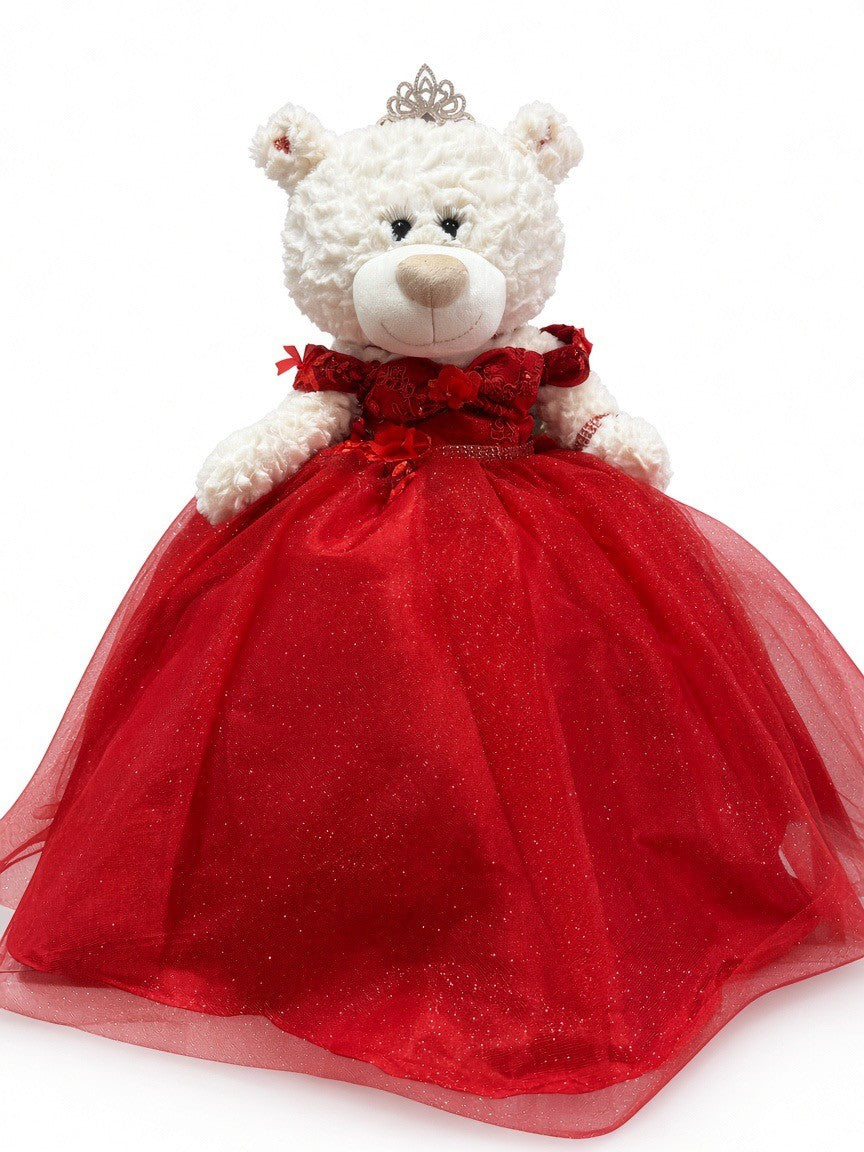 Red quinceañera teddy bear front view – cream plush bear with rhinestone tiara, red lace bodice and red glitter ball gown