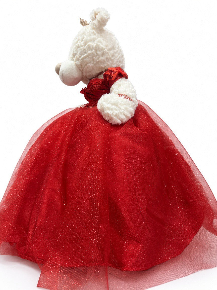 Red quinceañera teddy bear side view showing full red glitter tulle gown